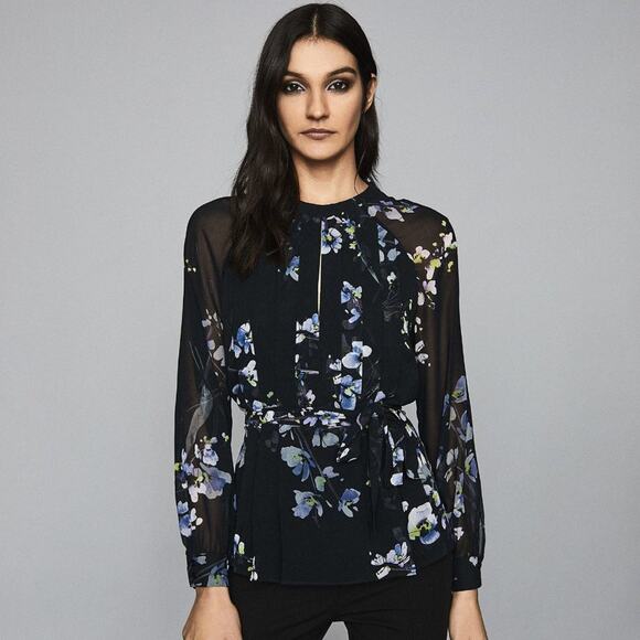 Reiss Robbie Blouse Floral Sheer Navy 12 NWT - Picture 1 of 13